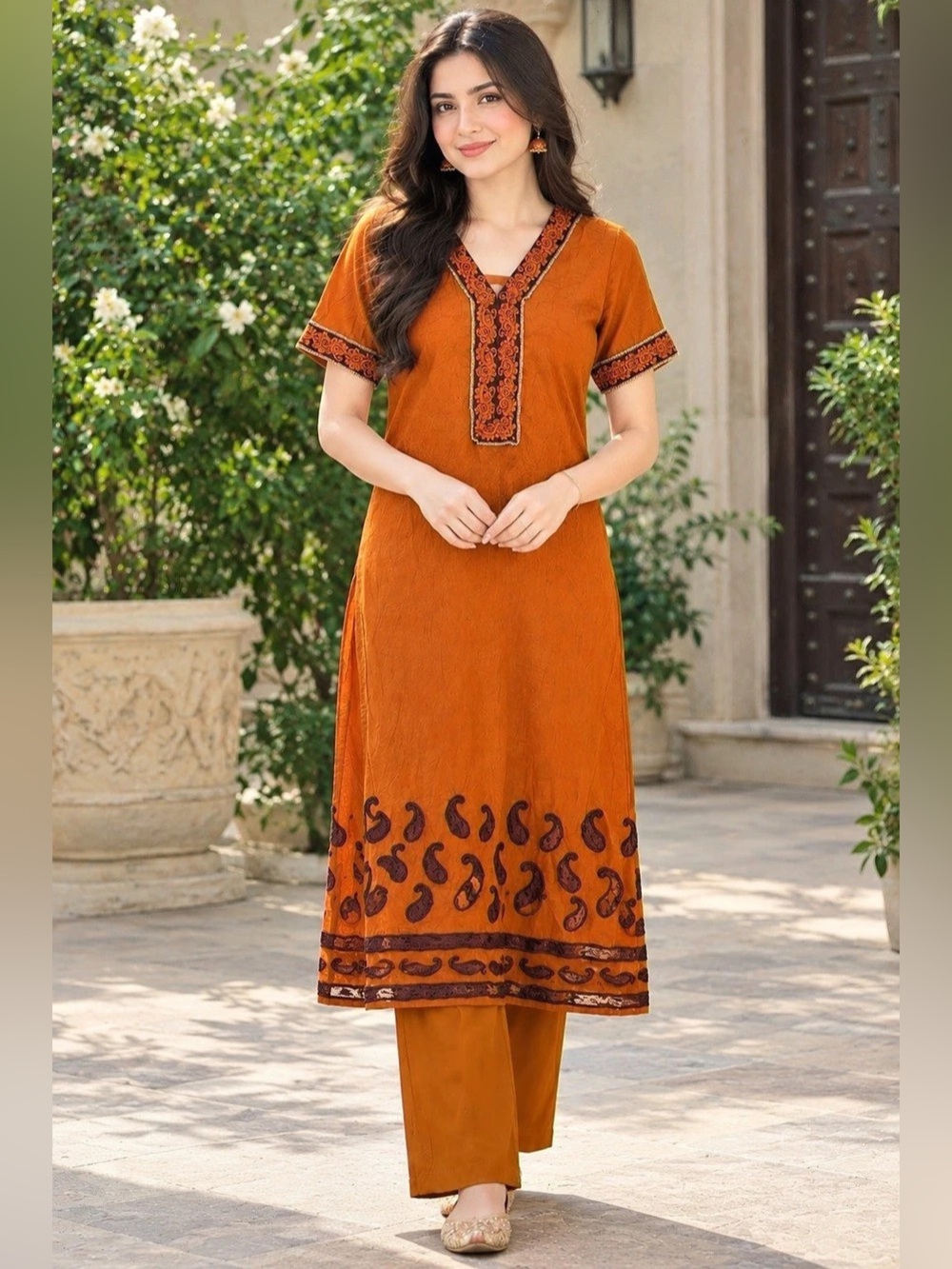 Orange embroidered churi dar pajama Set with long embroidery kameez